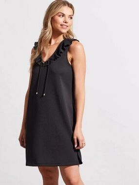 Sz. L🇨🇦⭐️Tribal Black V Neck Ruffle Stretch Dress. PTP 21” 37” L